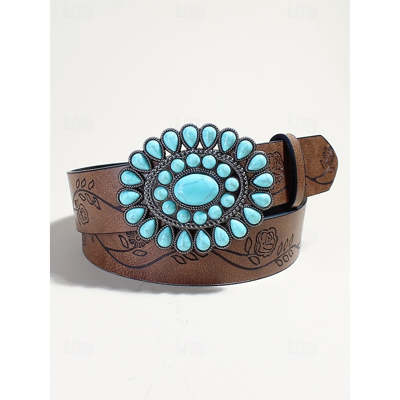 Women's Western Turquoise Concho Belt – Floral Engraved Faux Leather Waist Belt for Rodeo, Festivals, Boho Outfits & Casual Wear