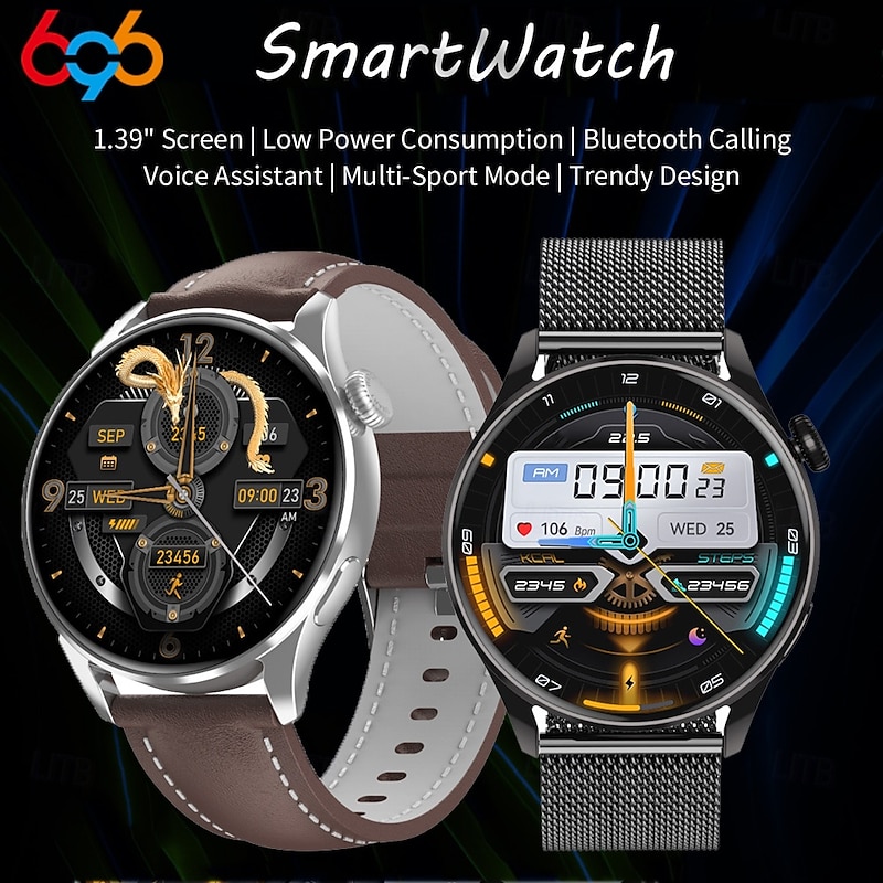 696 CY32 Smart Watch 1.39 inch Smartwatch Fitness Running Watch Bluetooth Pedometer Call Reminder Sleep Tracker Compatible with Android iOS Men Hands-Free Calls Message Reminder IPX-0 46mm Watch Case