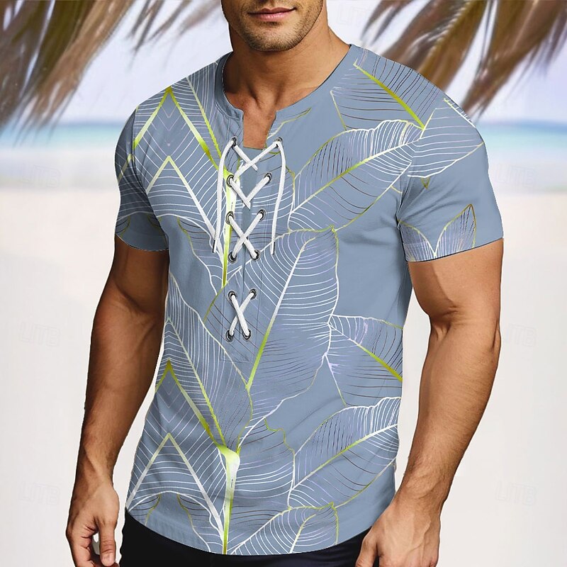 Men's Tropical Tropical Flowers Shirt Short Sleeve T shirt 3D Print Lace Up Neck Shirt Vacation Street Casual Daily Pink Blue Green Summer Spring Clothing Apparel S M L XL XXL XXXL3