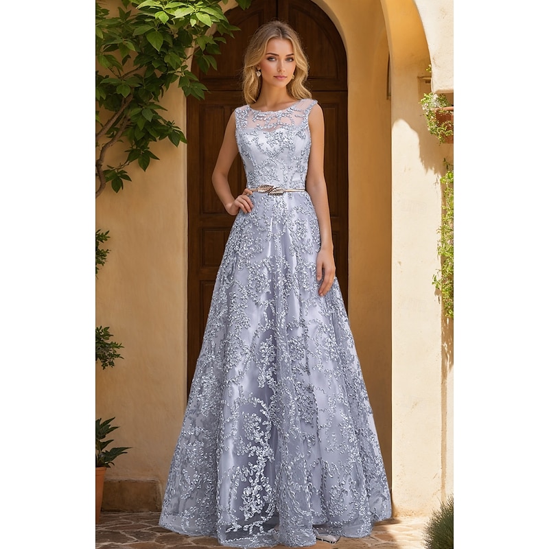 Jacquard A-Line Prom Dresses Elegant Dress Wedding Guest Holiday Floor Length Sleeveless Crew Neck Tulle with Metal Belt