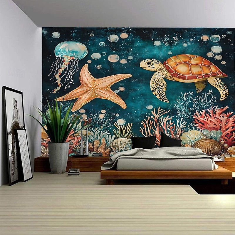 Marine Life Pattern Background Landscape Hanging Tapestry Mural Art Large Tapestry Mural Decoration Photos Background Carpet Curtains Home Bedroom Living Room Decoratio3