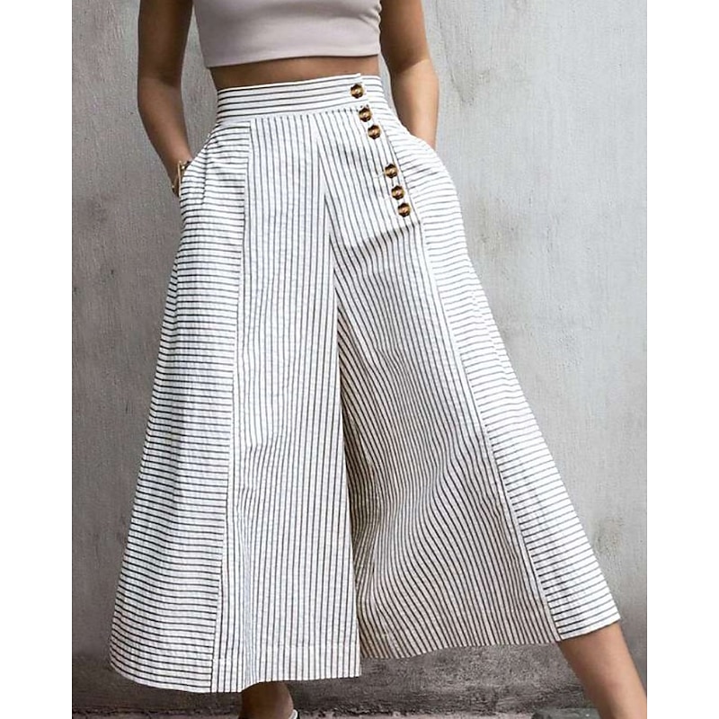 Women's Culottes Wide Leg Slacks Pants Trousers Fashion Streetwear Full Length Natural Striped Pocket Elastic Waist Comfy Outdoor Comfortable Street Going out Black White Blue Summer Regular Fit