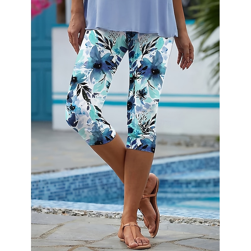 Women's Leggings Capri Pants High Elasticity Vacation Vintage Fashion Calf-Length High Waist Floral Graphic Printing Breathable Soft Stretchy Formal Vacation Office Robin's Egg Blue White4