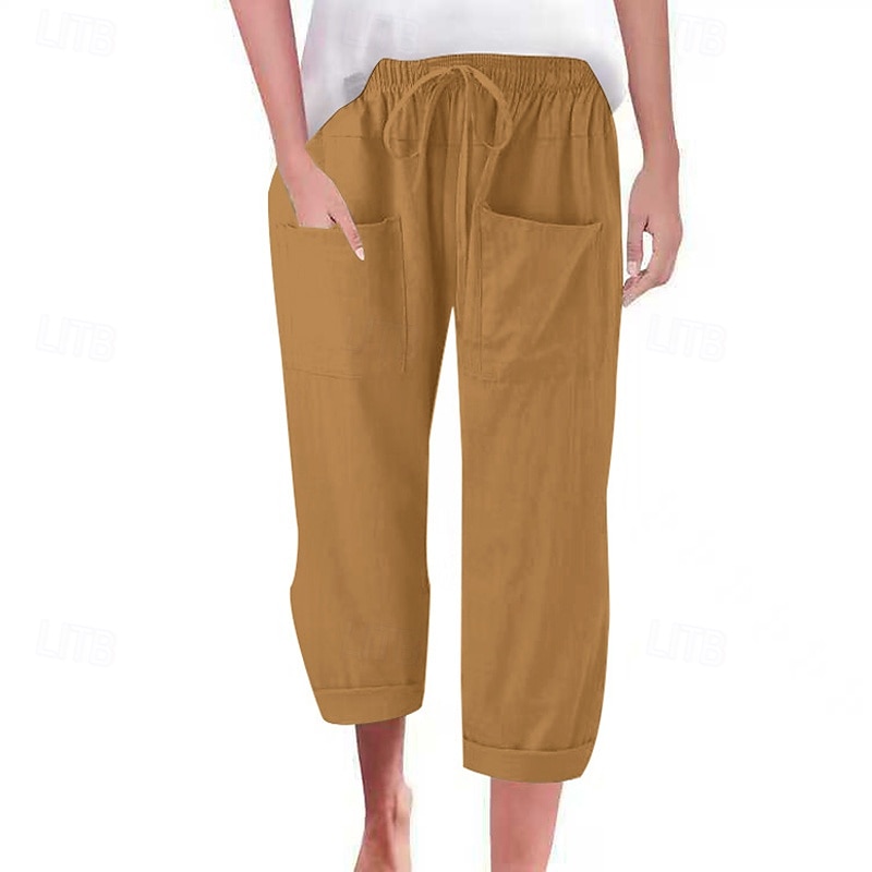 Women's Capri Pants Cotton Linen Pants Slacks Streetwear Casual Calf-Length Natural Plain Pocket Elastic Drawstring Design Outdoor Comfortable Street Going out Grey Black White Green Summer Regular