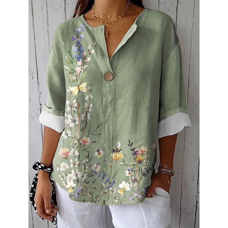 Women's Shirt Long Sleeve  V Neck Floral Graphic Bohemia Vintage Tropical  Regular Tops Daily Holiday Beach Wear Print White Orange Green Summer Spring2
