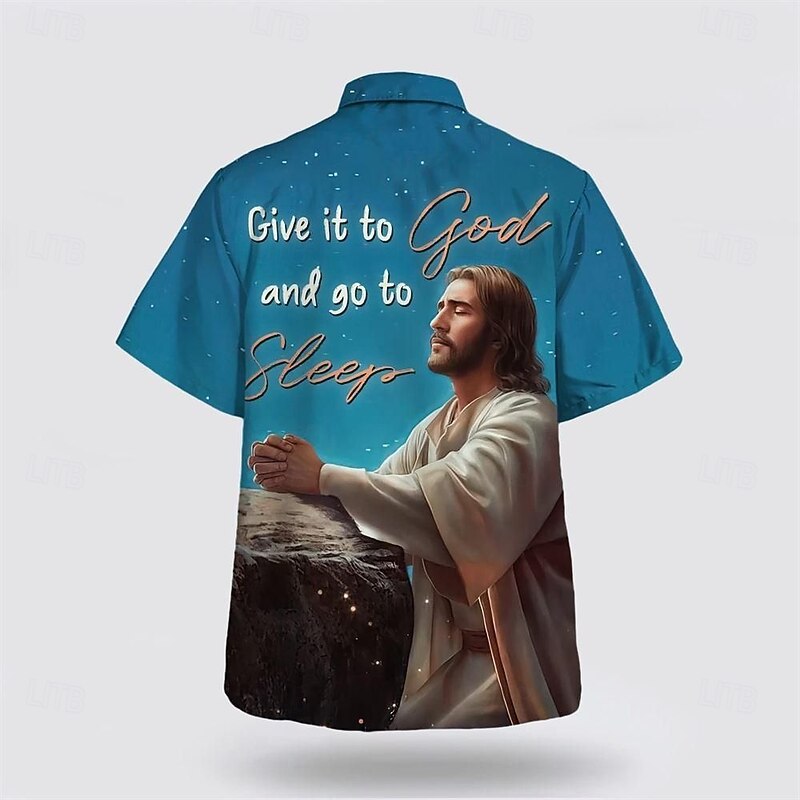 Men's Letter Printed Jesus Shirt Summer Shirt Button Up Shirt Short Sleeve Vintage Retro Vacation Holiday Festival Summer Spring Turndown 3D Print Collared Shirts Blue2