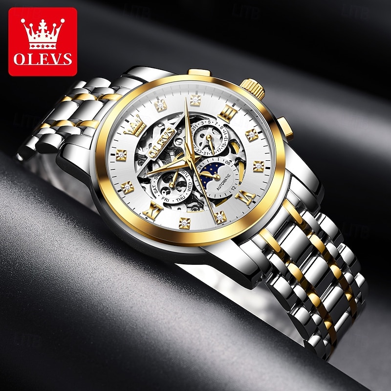 OLEVS Men's Mechanical Watch, Luxury Large Dial, Hollow Skeleton, Automatic Self-Winding, Moon Phase Luminous Steel Wristwatch4