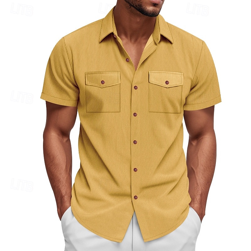 Men's Shirt Summer Shirt Casual Shirt Beach Shirt Button Up Shirt Black White Yellow Navy Blue Brown Short Sleeve Plain Lapel Vacation Hawaiian Front Pocket Clothing Apparel Polyester Fashion Casual2