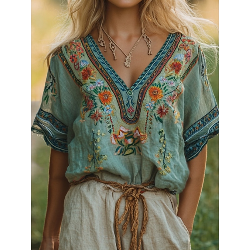 Women's Shirt Floral Graphic Bohemia Stylish Classic Short Sleeve Crew Neck Regular Tops Daily Beach Wear Vacation Wear Print Yellow Red Blue Purple Orange Summer Spring