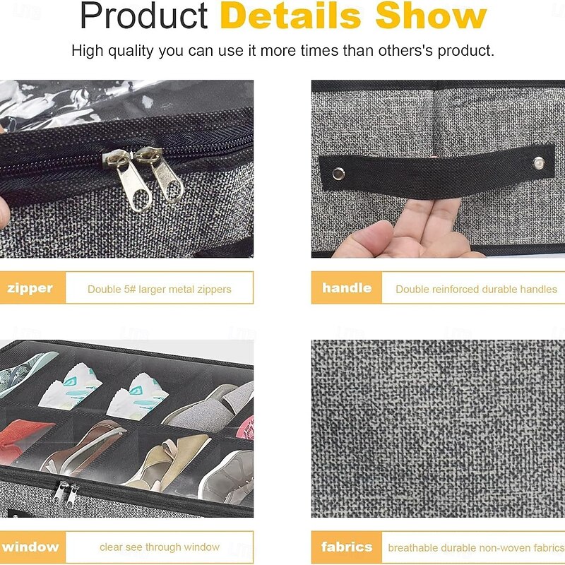 2 Pack Under Bed Shoe Storage Organizer, 24 Compartments, Underbed Shoes Closet Storage Solution with Clear Window, Breathable, Foldable Fabric Container Box with Reinforced Handles3