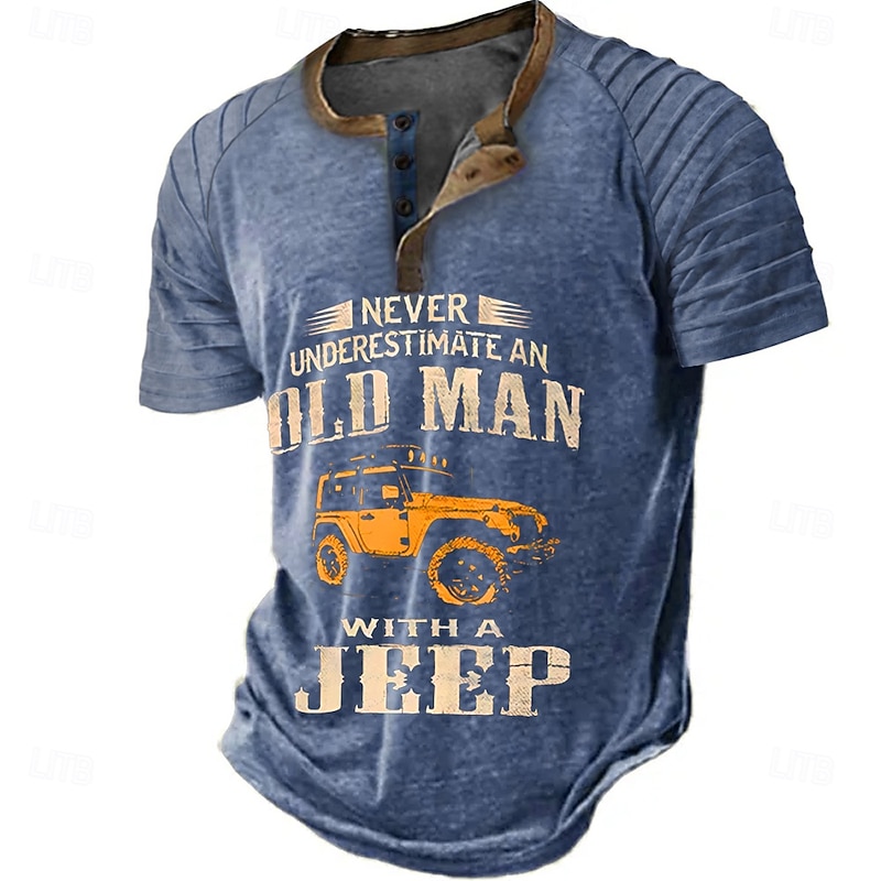 Men's Short Sleeve Henley Graphic T-Shirt: Never Underestimate An Old Man With A Jeep Lifestyle Tee