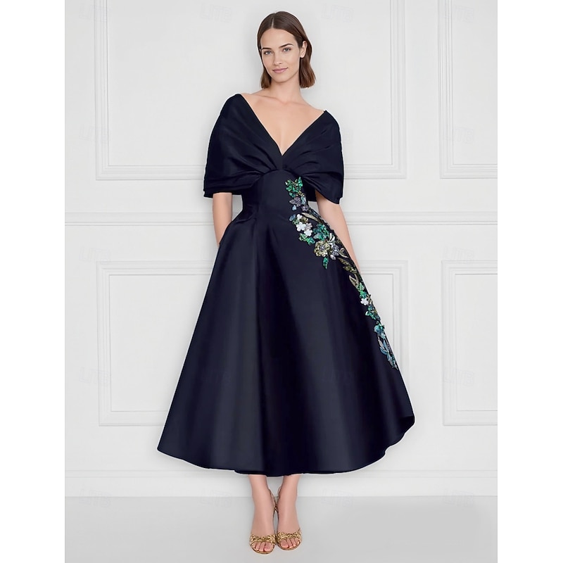 A-Line Cocktail Dresses Elegant Dress Formal Wedding Ankle Length Short Sleeve Off Shoulder Satin with Floral Print Embroidery Pocket2