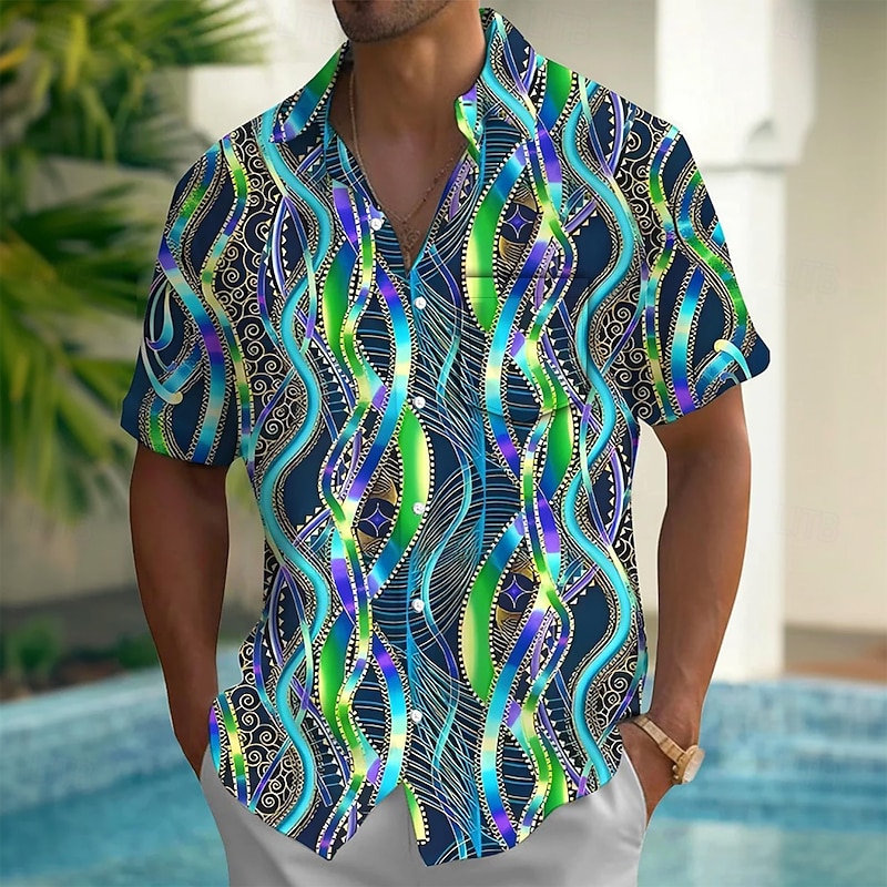 Men's Geometric Waves Dazzle color Shirt Casual Shirt Button Up Shirt Short Sleeve Fashion Casual Outdoor Vacation Dailywear Summer Spring Turndown 3D Print Collared Shirts Front One Pocket Green