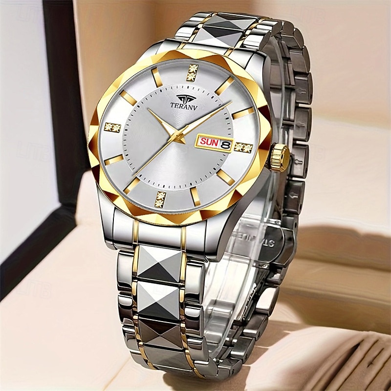 TERANV Brand Fashion Men's Quartz Watch with Rhombus Dial IPX7 Waterproof Dual Calendar Luminous Steel Strip Watch Business Watch
