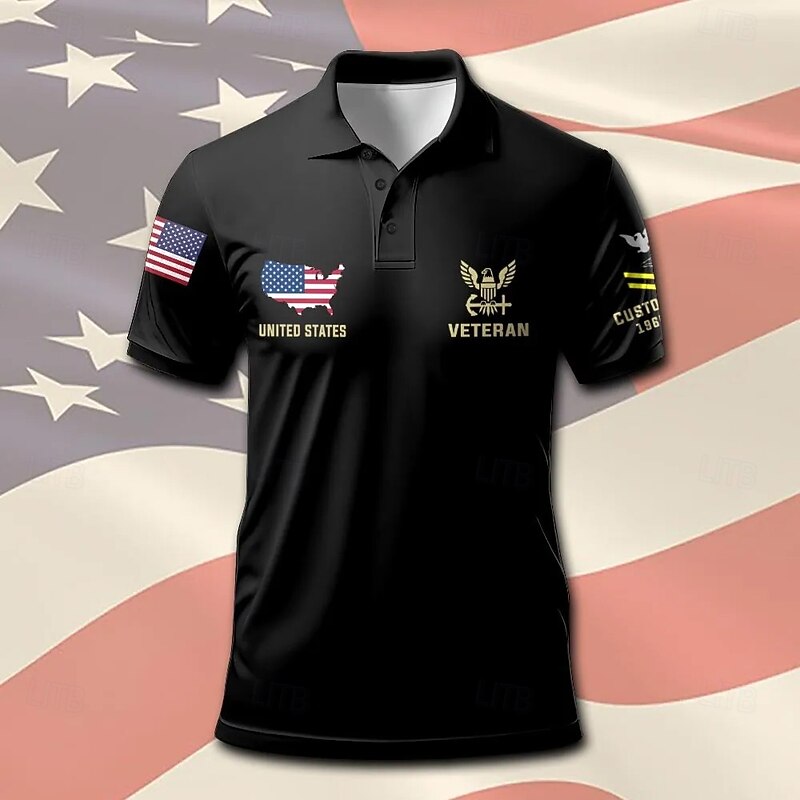 American Independence Day Men's American US Flag Polo Short Sleeve Polo Shirts Collared Shirts Casual School Outdoor Daily Wear 3D Print Summer Black