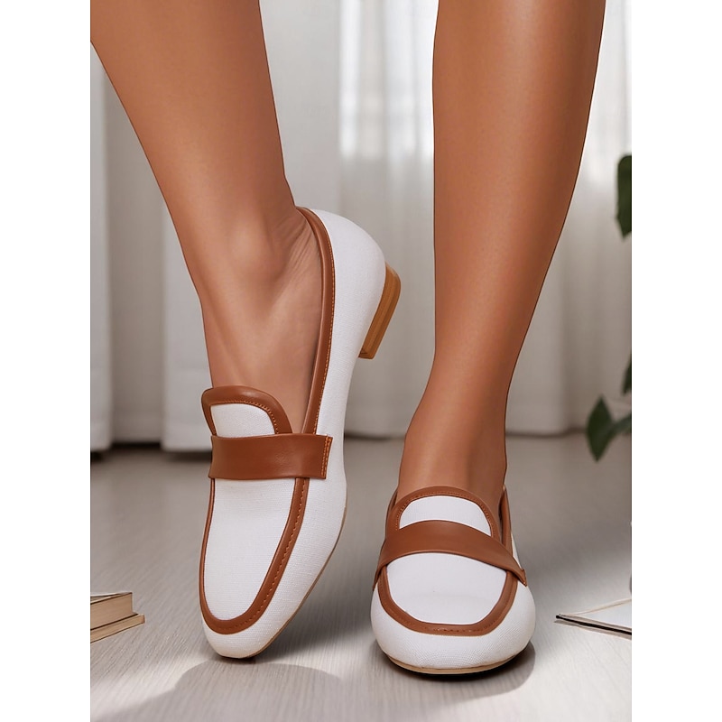 Women's Canvas Penny Loafers – White and Brown Low Heel Office Flats for Work and Daily Commute2