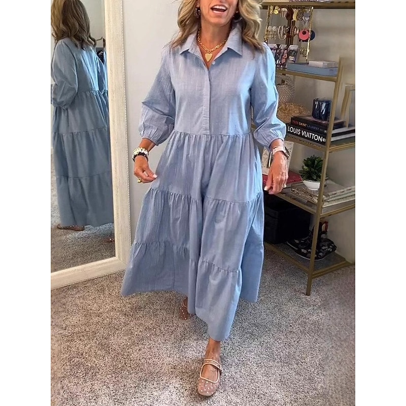 Women's Long Dress Maxi Dress Cotton Linen Dresses Shirt Dress Casual Dress Skater Dress Fashion Basic Modern Daily Weekend Regular Fit Plain Long Sleeve Shirt Collar Black White Blue Purple Summer2