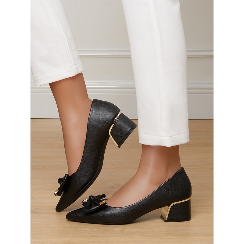 Women's Black Pointed-toe Chunky Heel Pumps with Bowknot & Metal Decor – Elegant Office Style for Professional Ladies in Business Occasions3