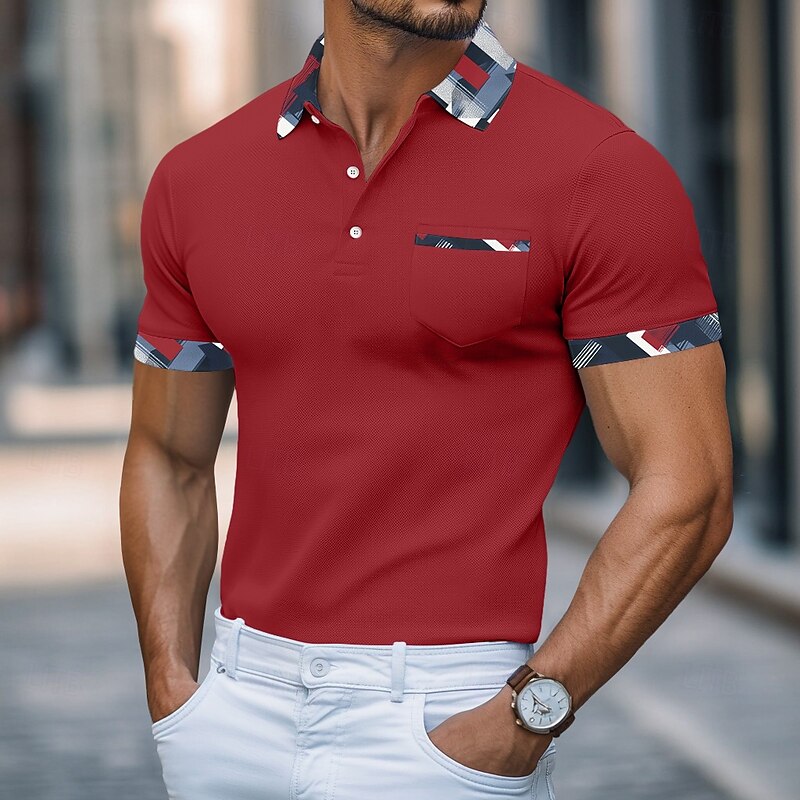 Men's Golf Shirt Pique Polo Shirt Work Business Lapel Ribbed Polo Collar Short Sleeve Basic Modern Color Block Pocket Color Block Summer Spring Slim Fit White Burgundy Navy Blue Light Blue Golf Shirt
