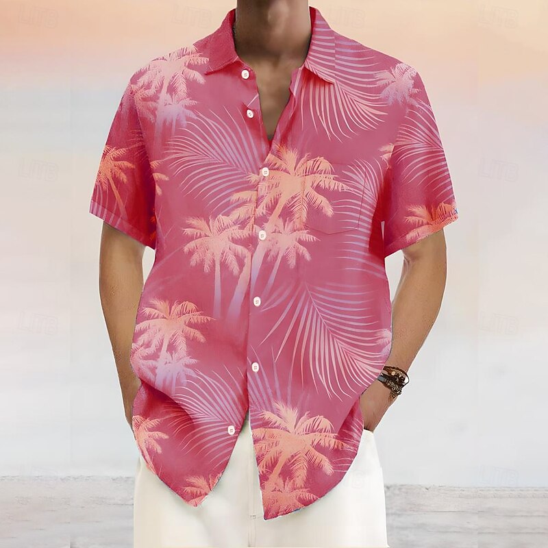 Men's Coconut Tree Tropical Plants Shirt Summer Hawaiian Shirt Button Up Shirt Short Sleeve Hawaiian Vacation Holiday Beach Wear Summer Turndown 3D Print Front One Pocket Linen Like Shirt Pink Blue4