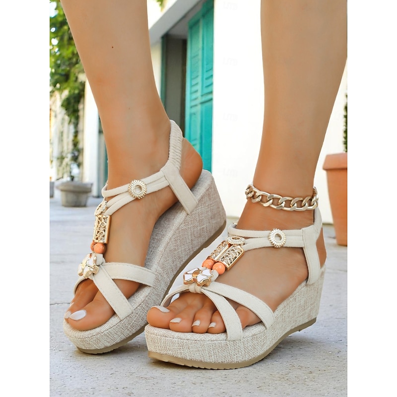 Women's Beige Wedge Sandals with Beaded Charm Accents – Comfortable Boho Style Platform Sandals for Summer Travel, Beach Holidays, and Casual Outings2