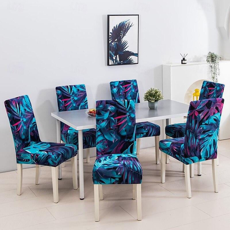 1/2/4/6pcs Elastic Dining Chair Cover Slipcovers And Anti-slip Fashion Dining Chair Cover Simple Plant Leaves Printing Chair Protective Cover For Home Decor Hotel Restaurant And Banquet Living Room3