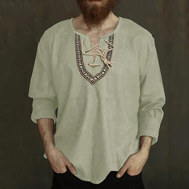 Men's Shirt Cotton Linen Shirt Casual Shirt Plain Casual Daily Black Camel Long Sleeve V Neck Summer Clothing Apparel Lace up4