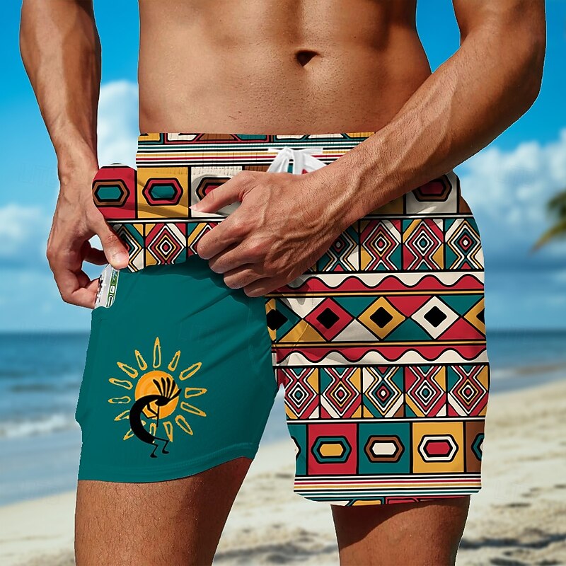 Men's Geometric Kokopelli Lined Shorts 2 in 1 Board Shorts Swim Shorts Mid Waist Ethnic Beach Vacation Wear Side Pockets With Compression Liner Elastic Drawstring Waist Designer Clothing Apparel
