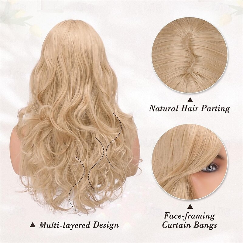 Long Blonde Curtain Bangs Wig - 26 Inch Long Wavy Layered Wigs for Women - Synthetic Hair Sabrina Wigs Butterfly Haircut Soft Natural Looking Daily Party Halloween - Blonde Mixed4