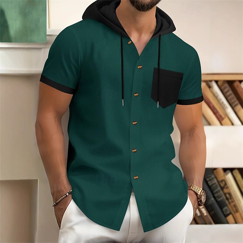 Men's Shirt Waffle Shirt Summer Shirt Casual Shirt Beach Shirt Button Up Shirt Black Wine Dark Green khaki Gray Short Sleeve Color Block Hooded Vacation Hawaiian Front Pocket Clothing Apparel3
