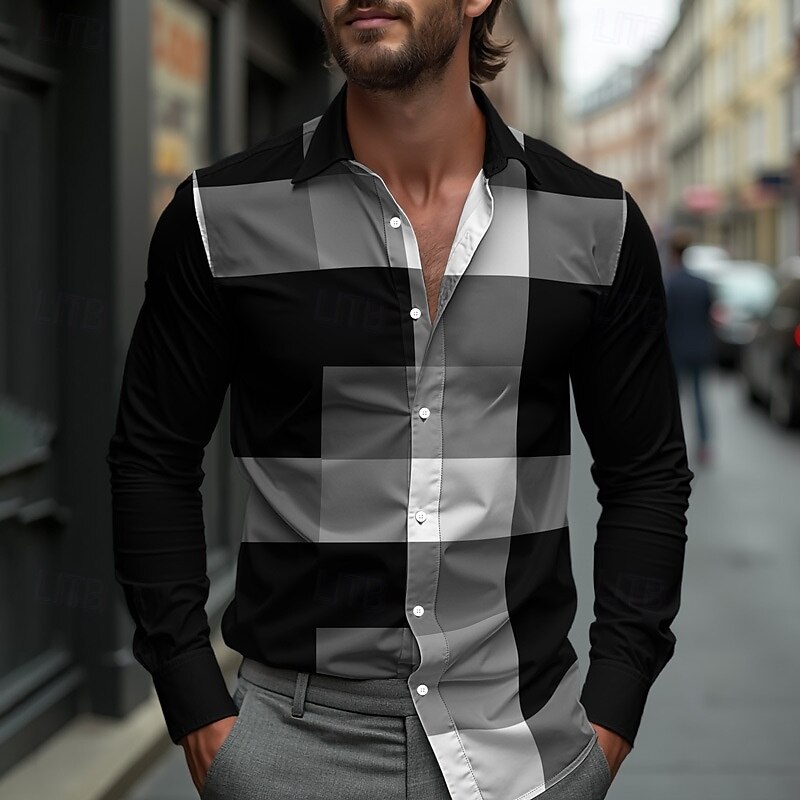 Men's Shirt Summer Shirt Casual Shirt Beach Shirt Button Up Shirt Black White Long Sleeve Plaid Lapel Vacation Hawaiian Button-Down Clothing Apparel Polyester Fashion Casual Comfortable
