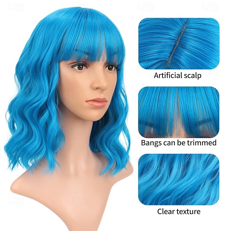 Short Bob Wigs Lake blue Wavy Wig With Air Bangs Women's Shoulder Length Wigs Curly Wavy Synthetic Cosplay Wig Pastel Bob Wig for Girl Colorful Wigs4