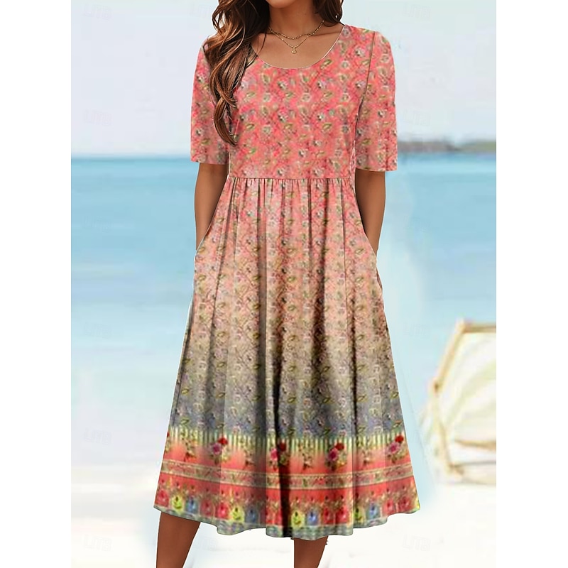 Women's Midi Dress Summer Dress Pleated Dress Vacation Casual Beach Daily Holiday Regular Fit Floral Graphic Paisley Short Sleeve Crew Neck Blue Orange Green Summer
