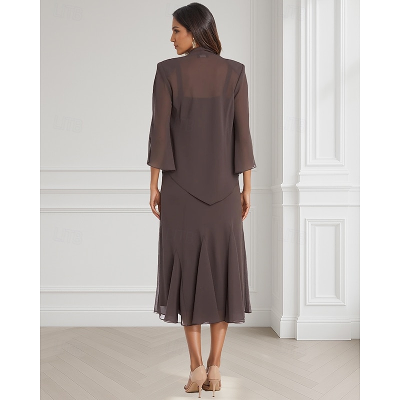 Two Piece A-Line Mother of the Bride Dress Elegant Square Neck Floor Length Chiffon Long Sleeve Wrap Included with Lace Tier Embroidery 202