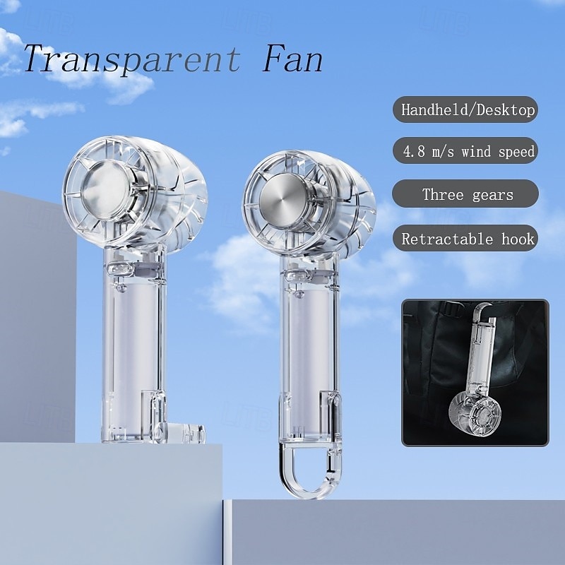 Foldable Desktop & Handheld Transparent Fan – 3-Speed Turbo Cooling, Quiet Operation, Retractable Hook, Portable Clear Design for Outdoor & Indoor Use