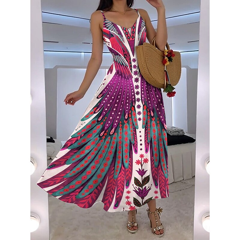 Women's Maxi Dress A Line Dress Slip Dress Vacation Casual Boho Going out Beach Regular Fit Floral Graphic Feather Sleeveless V Neck Blue Orange Green Rose Pink Summer Spring3
