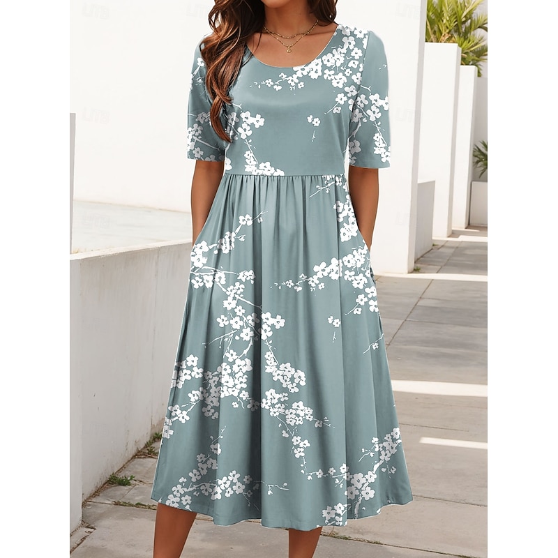 Women's Midi Dress Summer Dress Pleated Dress Vacation Casual Beach Daily Holiday Regular Fit Floral Graphic Short Sleeve Crew Neck Blue Purple Green Summer
