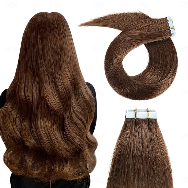 4# Light Brown Remy Human Hair Tape In Extensions Seamless Straight Hair 18Inch 50G 20Pcs