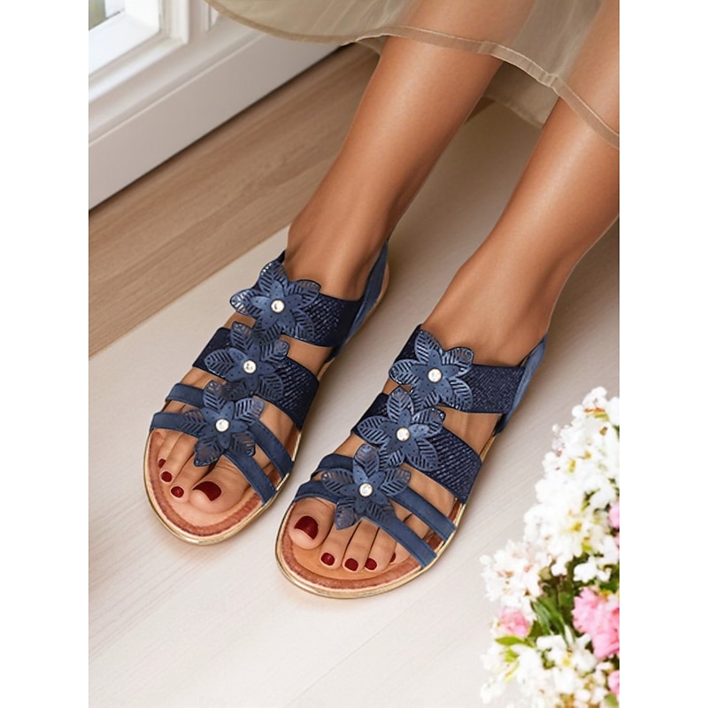 Women's Beige Floral Rhinestone Flat Sandals – Elegant Boho Style Wedding Shoes for Brides, Beach Ceremonies, and Summer Travel