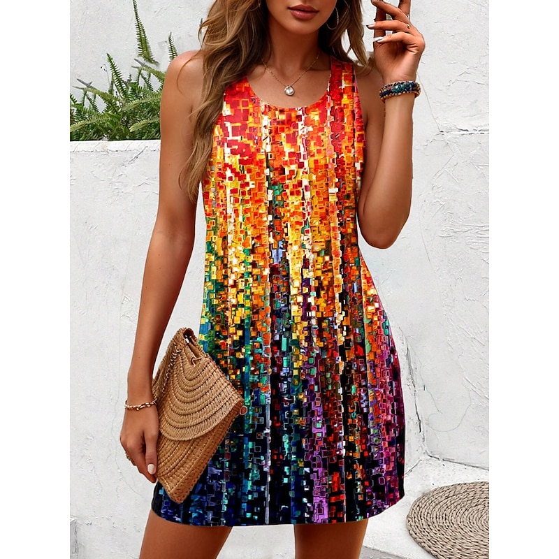 Women's Mini Dress Sundress A Line Dress Tank Dress Off The Shoulder Dress Vacation Casual Boho Party Street Holiday Regular Fit Ombre Graphic Stripe Sleeveless U Neck Orange Summer