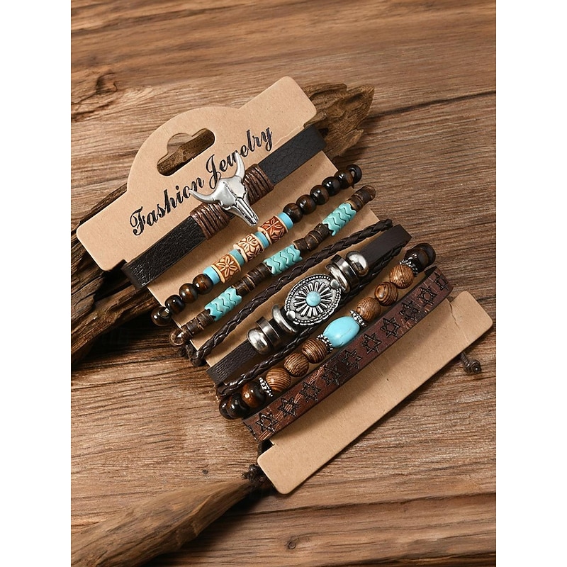 Men's Leather Beaded Western Bracelet Set with Turquoise Stones, Cow Skull Design, Boho Style for Casual and Outdoor Wear4