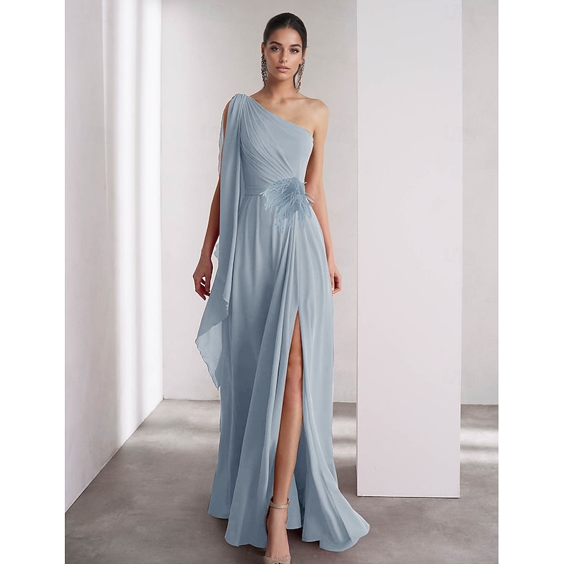 One Shoulder A-Line Chiffon Feather Evening Gown Elegant Dress Formal Floor Length Sleeveless Ruched Shawl