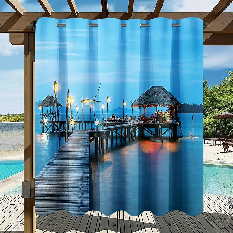 Waterproof Outdoor Curtain Privacy, Sliding Patio Curtain Drapes, Pergola Curtains Grommet 3D Ocean Vacation Landscape For Gazebo, Balcony, Porch, Party, 1 Panel2