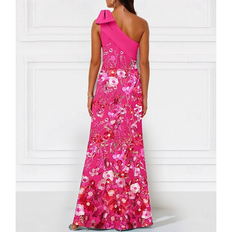 A-Line Evening Gown Elegant Dress Formal Wedding Floor Length Sleeveless One ShoulderDress Stretch Crepe with Bow(s) Embroidery Appliques3