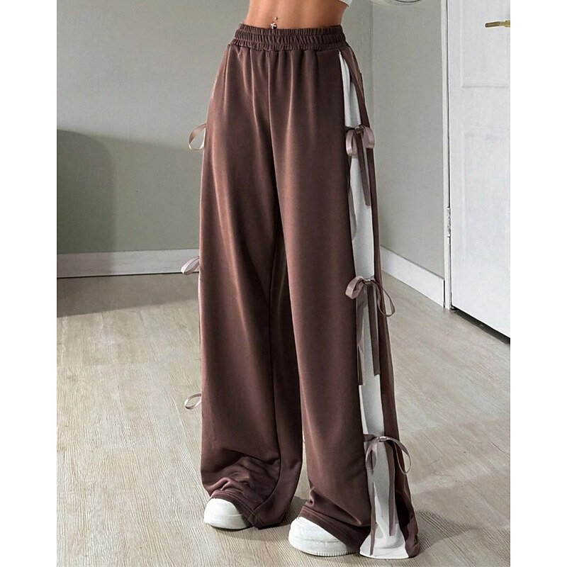 Women's Sweatpants Palazzo Pants Fashion Streetwear Comfort Full Length Mid Waist Color Block Patchwork Elastic Waist Comfy Comfortable Street Daily Wear Going out Coffee Gray Summer Spring Regular