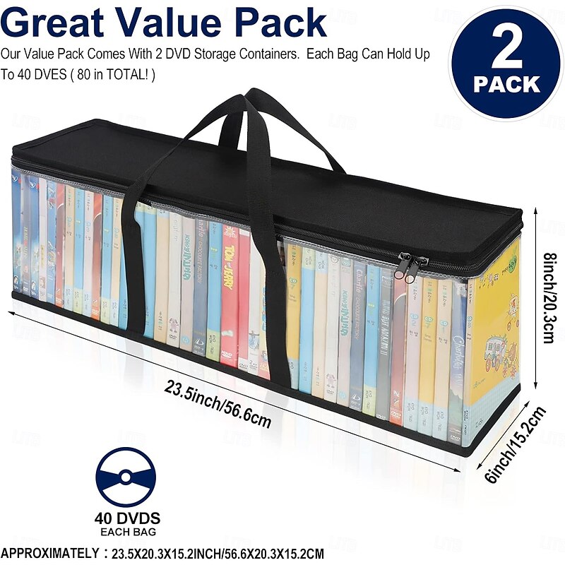 2 Pack CD Storage Bags Case DVD Case Holders Vinyl Record Travel Carrying Bag Cases with Handles, Media Storage Organizer for DVDs/CDs/Video Games Blu Ray Disc2