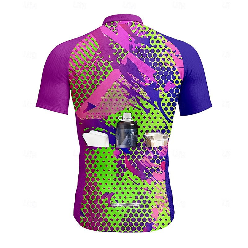 Men's Cycling Jersey Graphic Geometric Gradient Short Sleeve Bike Tee Tshirt Top with 3 Rear Pockets UV Resistant Quick Dry Front Zipper Reflective Strips Sports Purple Clothing Apparel2