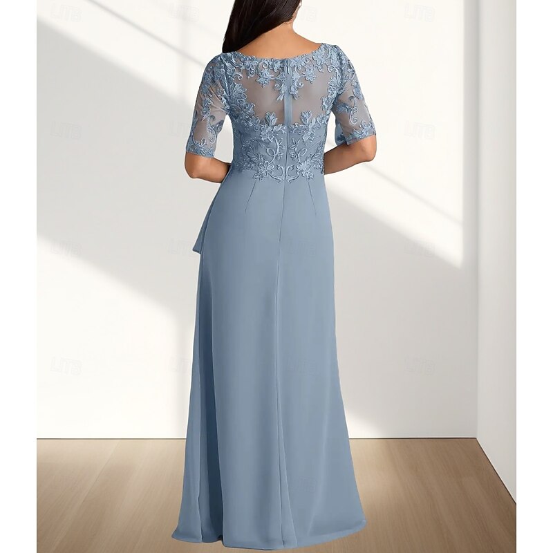 A-Line Mother of the Bride Dress Wedding Guest Elegant V Neck Floor Length Chiffon Half Sleeve with Pleats Appliques2