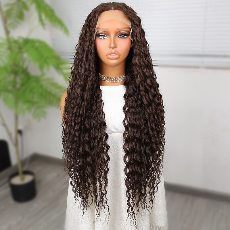 Synthetic Lace Wig Deep Curly Style 32 inch Pink Middle Part 13x4x1 T Part Lace Front Wig Women's Wig Dark Brown3