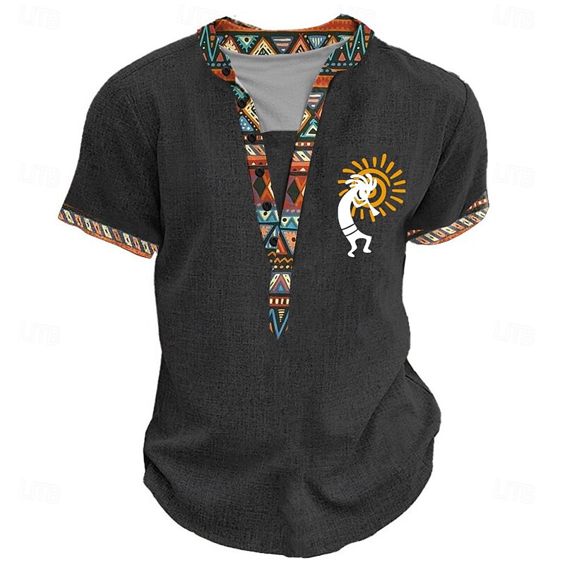 Men's Graphic Tribal Henley Shirt Short Sleeve 3D Print Fashion Designer Basic Street Casual Daily Summer Spring Light Blue Black Light Green Khaki Stand Collar Henley Henley T-Shirt4